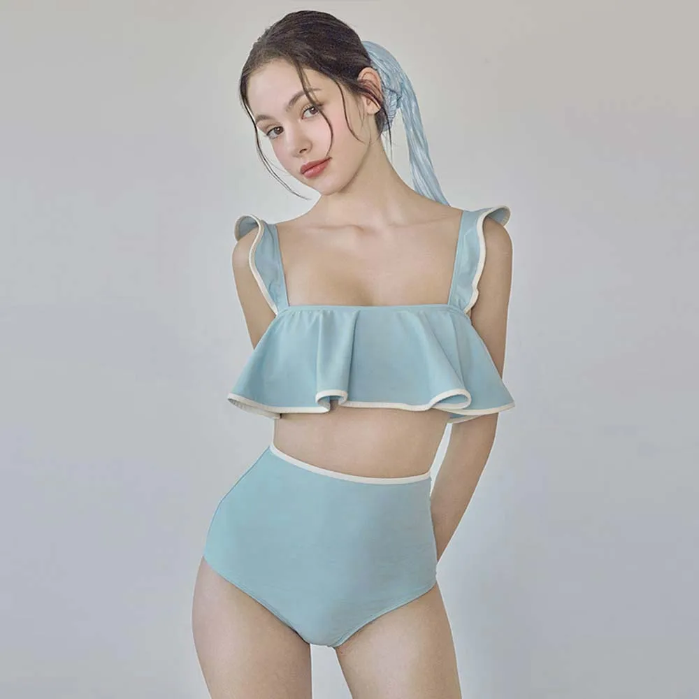 2024 New Cute Ruffle Shoulder Strap High Waist Split Women Swimsuit Sexy Swimwear Push Up Summer Beach Solid Female Polyester