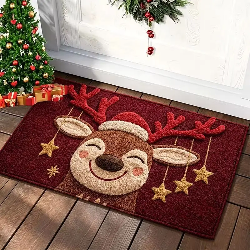 VIKAMA Smiling Reindeer Doormat Wine Red with Golden Stars Merry Christmas Welcome Mat Winter Entryway Rug Front Porch Decor