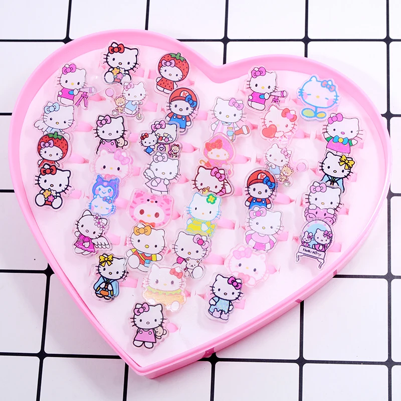 10/20Pcs Sanrio Hello Kitty melody Ring Kids Adjustable Baby Rings Kuromi Cartoon Children Girl Rings Party Gifts with box