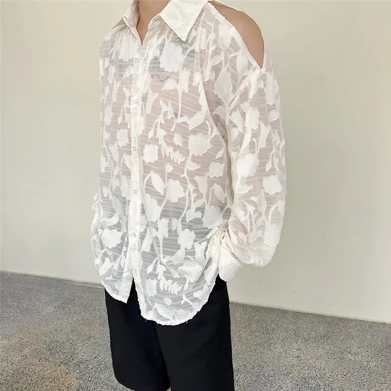 

Spring Thin Micro-Transparent Men's Long Sve irt oulder Exposure Design Casual Trendy Loose Fit Youth ular Sle