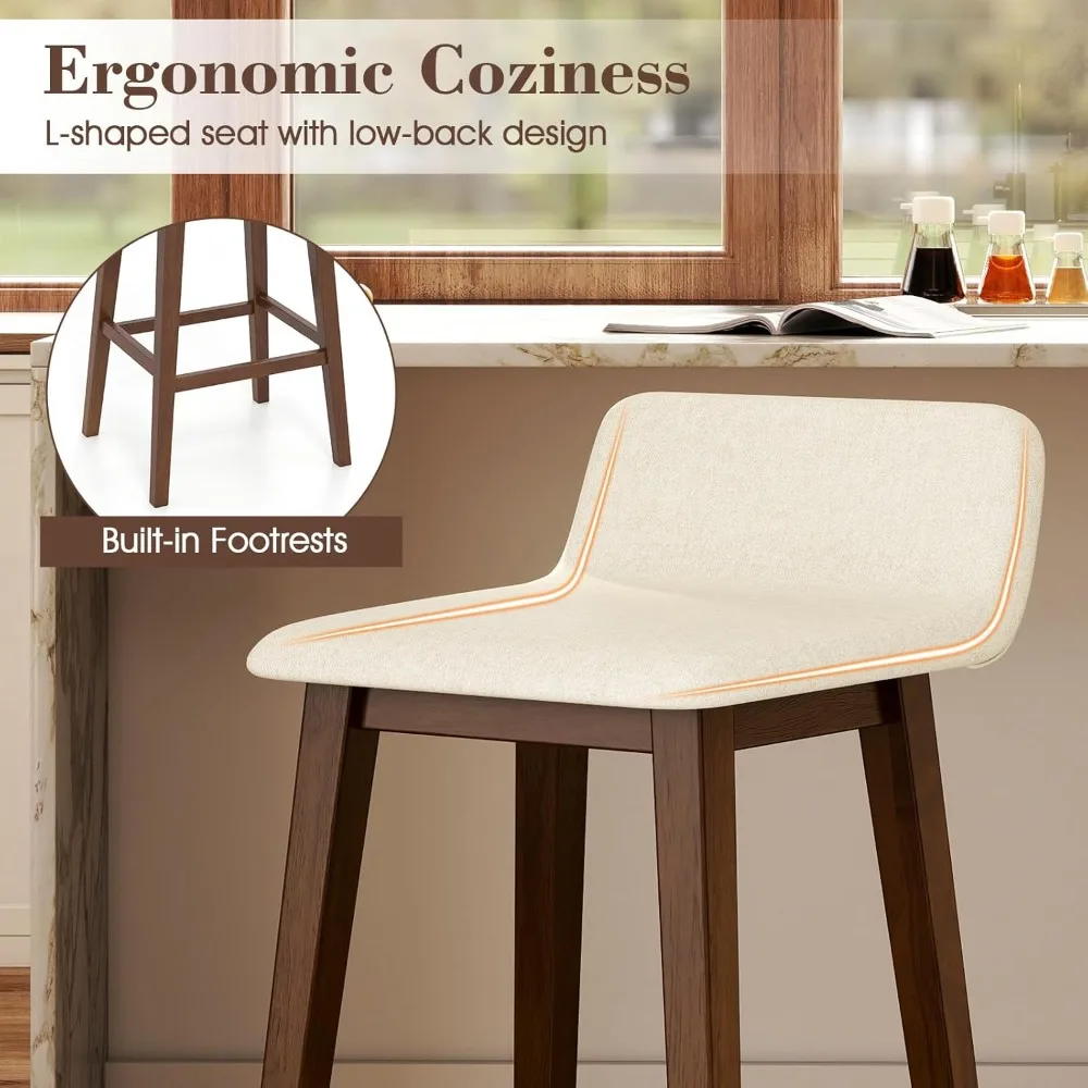 나무 바 스툴 4개 세트, 29인치 높이의 패딩 처리된 시트, 낮은 등받이, 발판, 고무나무 다리, 팔걸이 없는 바