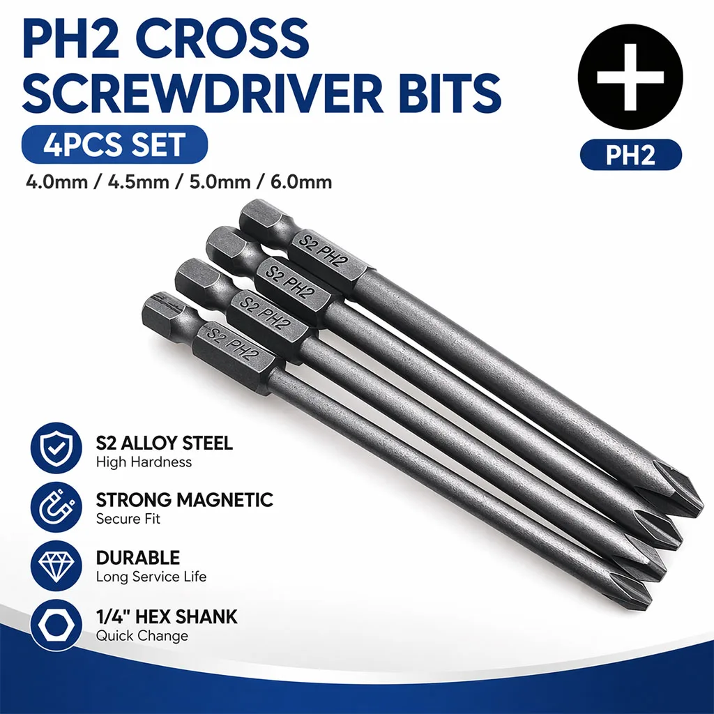 4pcs Magnetic Screwdriver Bits 100mm Alloy Steel 1/4 Hex Shank Long Screwdriver Bits For Torx Cross Slotted Hex Head Slotted Tip image 4