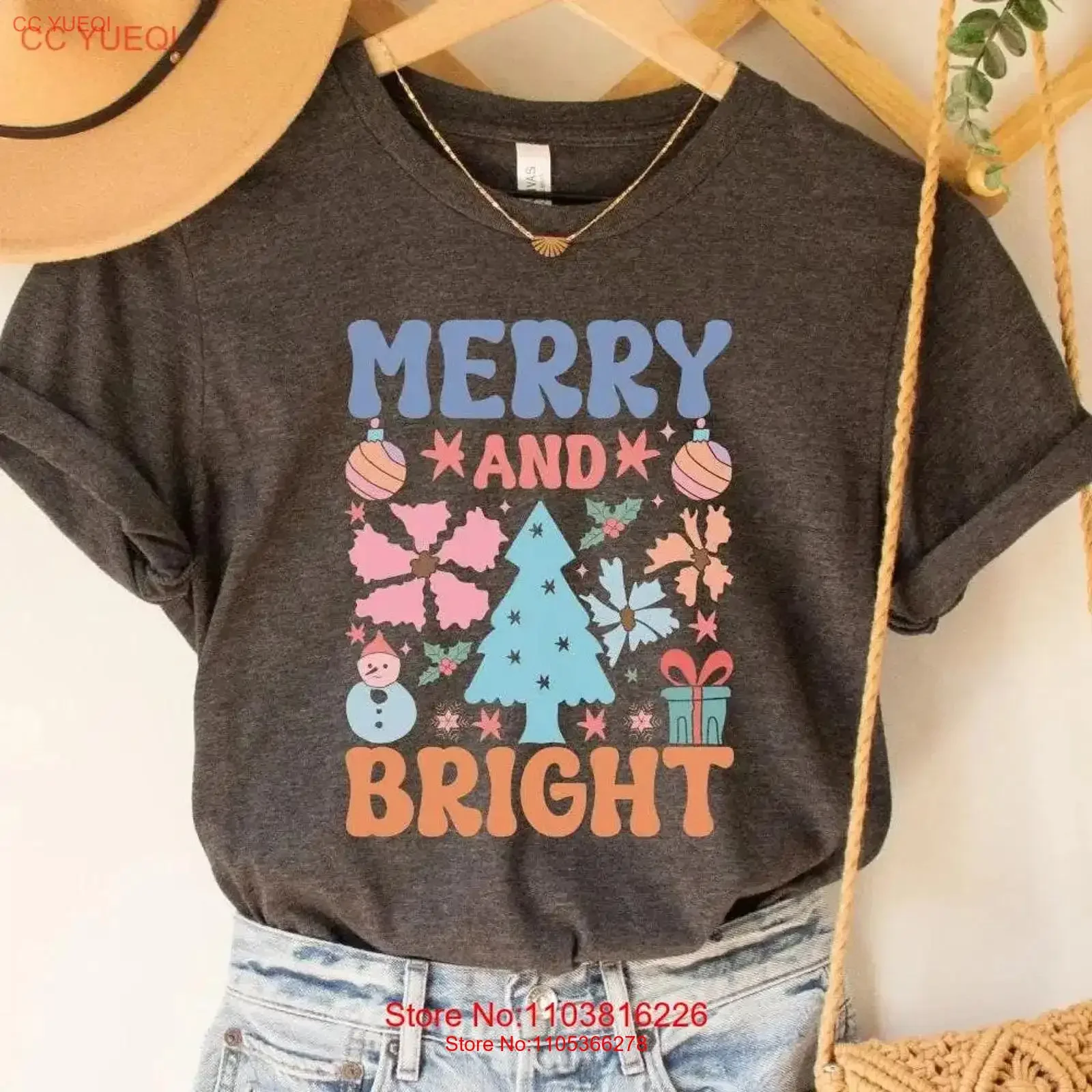Merry and BrighT T Shirt Christmas Family for Women vintage Washed designer clothes Unisex Slightly Casual graphic fashion