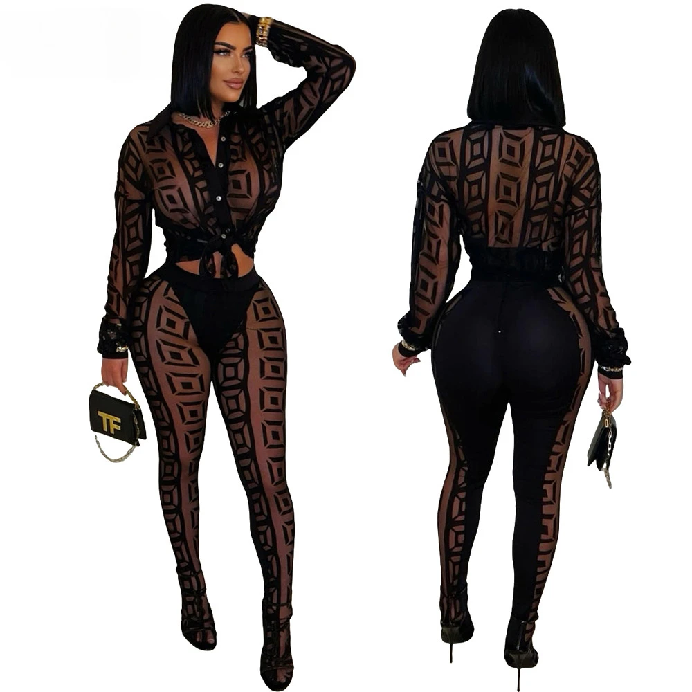 

Sexy Mesh See Through Women 2 Piece Outfit Sets 2026 New Female Streetwear Clothing Long Sleeve Crop Top and Skiny Pants Suits