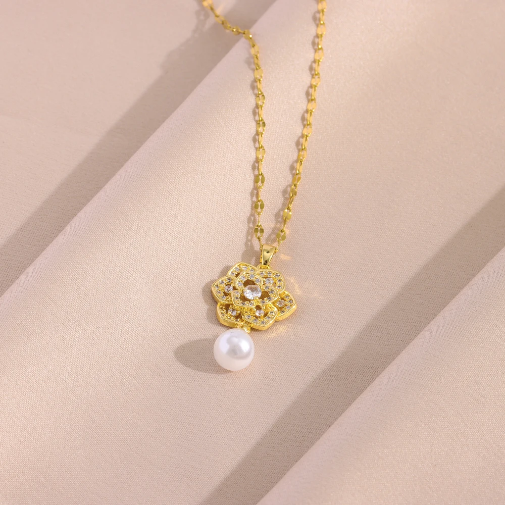 New In Luxury Retro Zircon Flower Pearl Necklaces Earrings For Women Trendy 18K Gold Plated Female Stainless Steel Jewelry Set