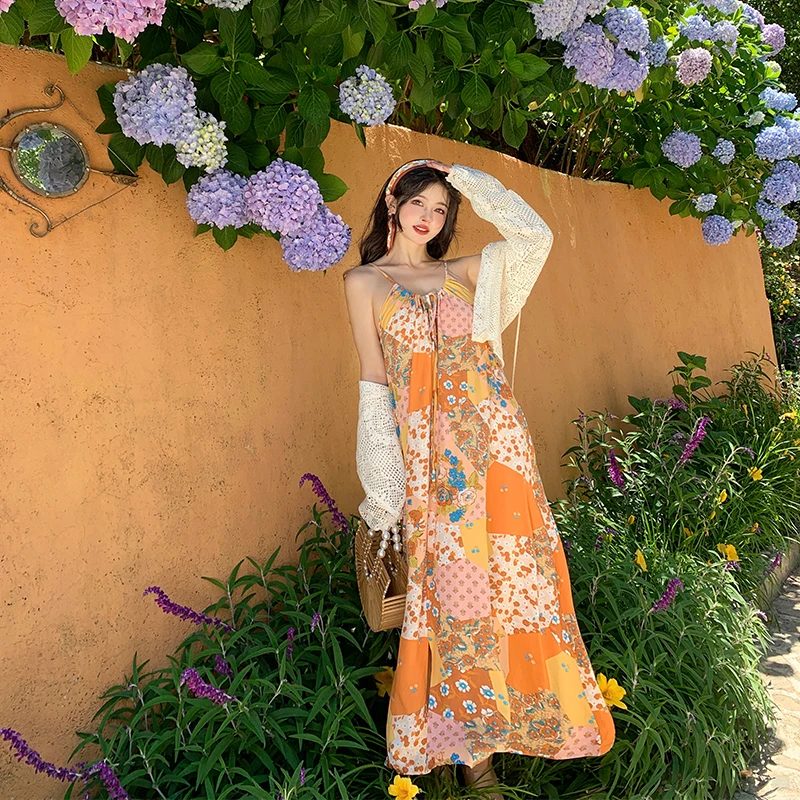 Loose Sundr Women's Summer Floral Print Gauze Svel Long Dr National Sle Patchwork St Hat Sunscreen Cardigan