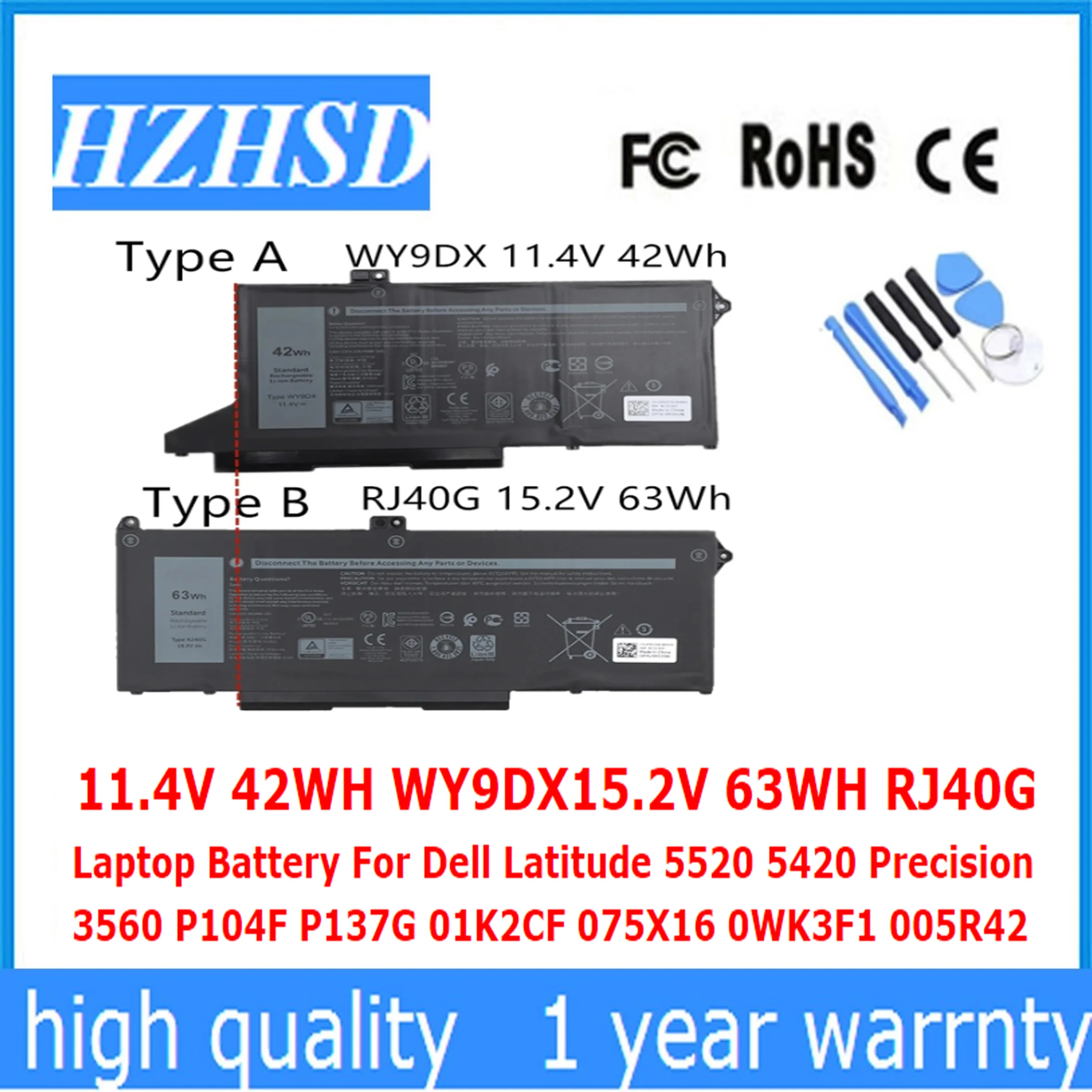 Bateria do Portátil de 11.4v 42wh Wy9dx 15.2v 63wh Rj40g para Dell Latitude 5520 5420 3560 P104f P137g 01k2cf 075×16 0wk3f1 005r42