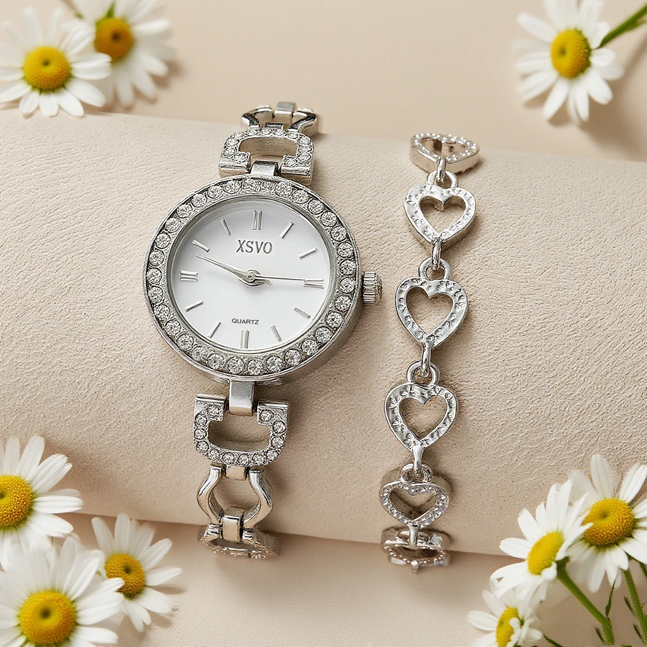 ساعة كوارتز نسائية عصرية صغيرة وخفيفة فاخرة ذات قرص دائري من الماس مجموعة سوار الحب الماسي مكونة من قطعتين، مناسبة لعيد الميلاد #1