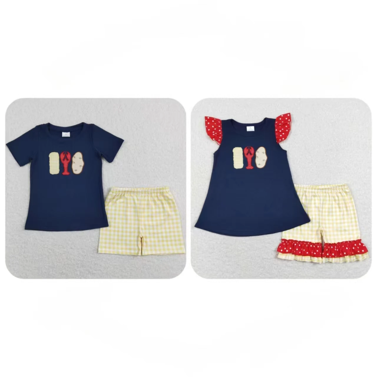 Wholesale Baby Boy Girl Short Sleeves Embroidery Crawfish Navy Blue Shirt Toddler Plaid Shorts Set Kids Children Summer Outfit