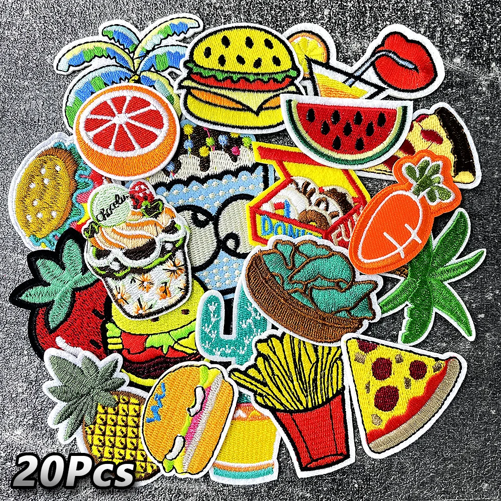 20pcs/Lot Pizza Hamburger Iron on Patches Embroidery Applique Ironing Supplies Decorative Patch for Clothing Repair Decorate