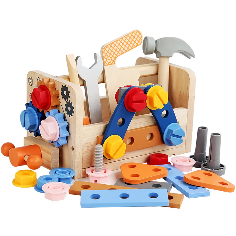 

Children's wooden repair toolbox, screw, disassembly and nut, hand-held tool table, male baby puzzle wooden toy