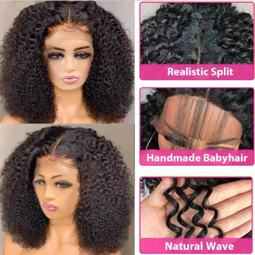 Perruque Lace Front Wig crépue bouclée noire naturelle, perruque Bob courte, cheveux de bébé, cheveux synthétiques préplumés, sans colle, 18lnch, densité 180%, douce, pour femmes