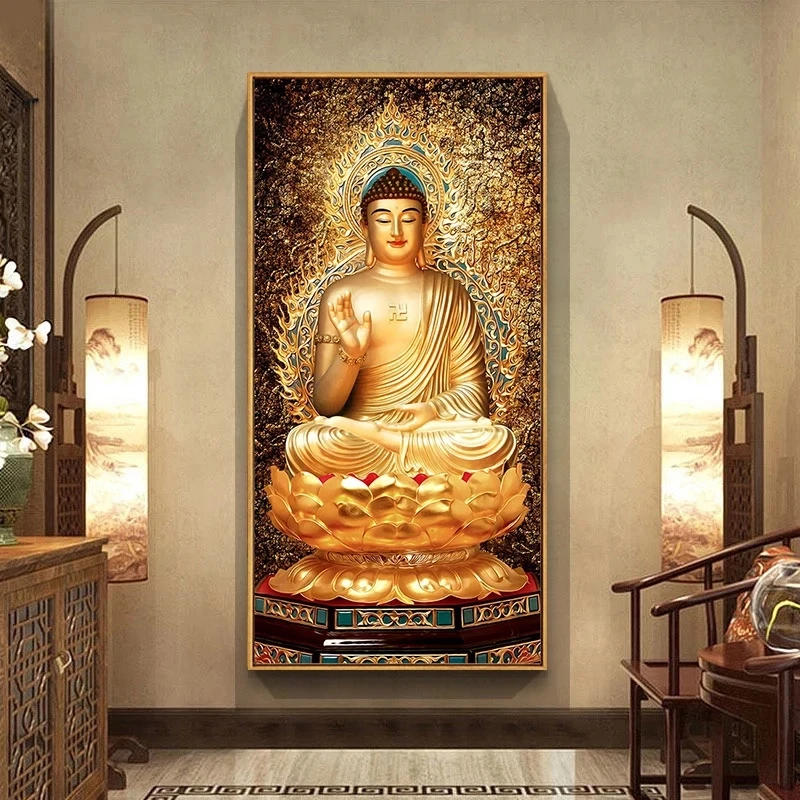 Golden Buddha Statue Canvas Painting Religion Buddhism Poster Prints Wall Art Pictures for Living Room Decoration Home Cuadros