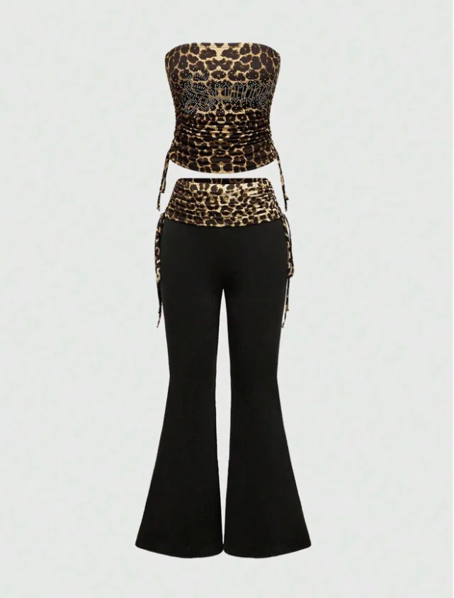 Amerikanischer Sommer Leopardenmuster Patchwork Spicy Girl Mode Y2K Einteiliger Trägerloser Tanktop-Hosenanzug für Damen – Detail 5