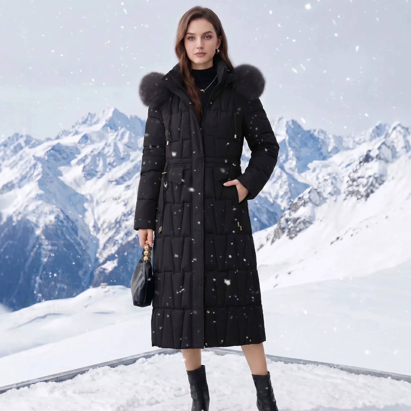 Elegant Winter Fur Hooded Down Jackets Women Clothes Cotton Padded Coat Warm Thick Long Parkas Winter Women Snow Puffer Jacket