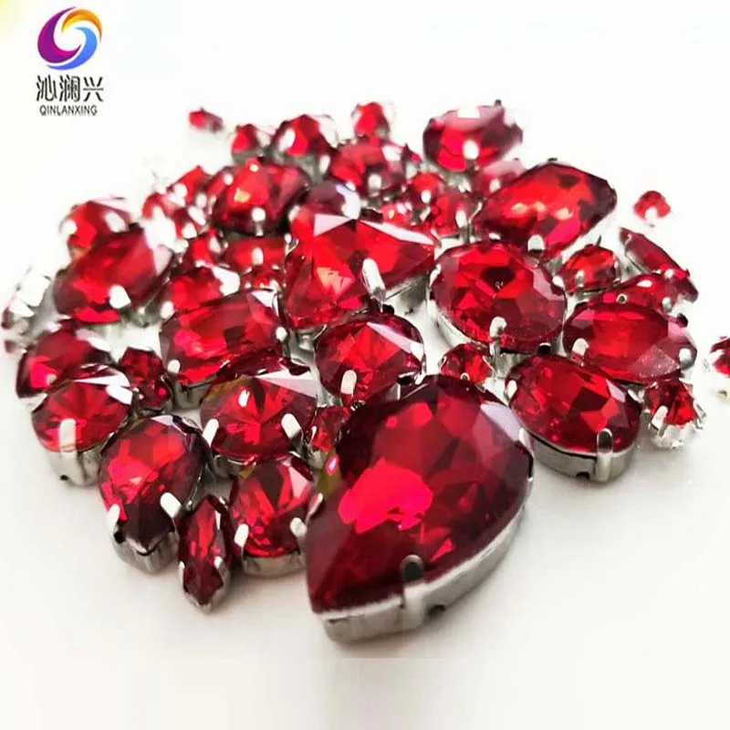 68pcs/lot Shiny Red Mix Shape High Quality Glass Crystal Flatback Sew on Claw Rhinestones, Diy/Clothing/Sewing Accessories