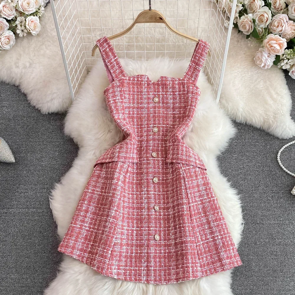 2024 Autumn Winter Korean Clothing Tweed Wool Mini Dress Sleeveless A- Line Woolen Dresses with Pearls Button Plus Size Elegant