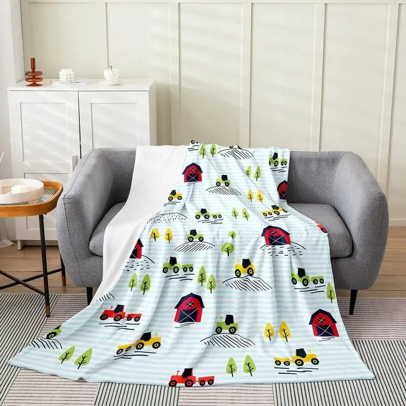 Tractor All Season,Bed Blanket Cartoon Farm Equipment Trucks Flannel Fleece Blanket Construction Car Plush Throw