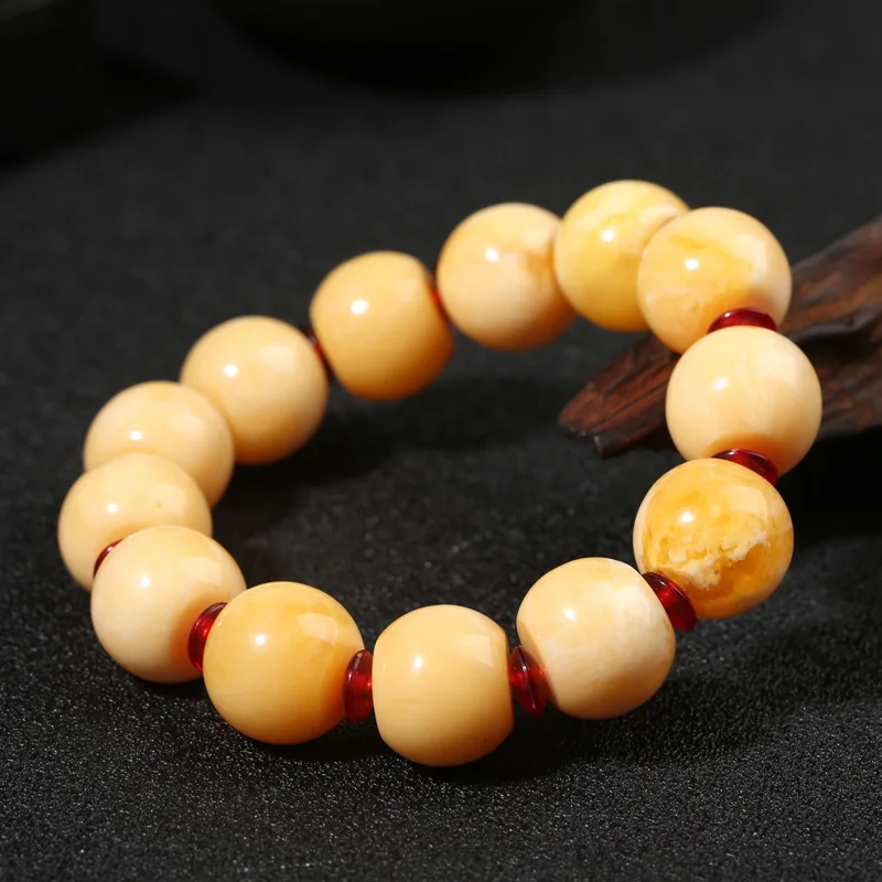 Beeswax Bracelet Amber White Flower Beeswax Raw Stone Blood Amber Single Ring Barrel Beads Bracelet High-Tech Water-Saving Elm Y