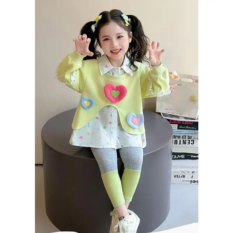 Girls' Collar Long Sleeved T-Shirt Set for Spring and Autumn New Style Shirt Leggings Children's Stylish Casual Two-Piece Set