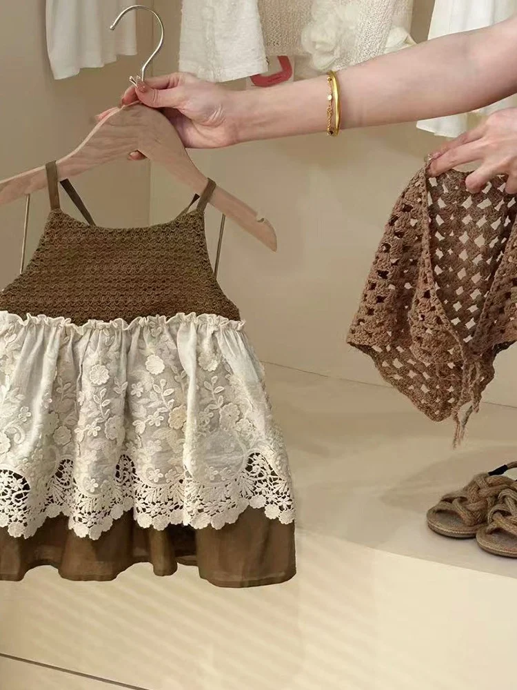 Vestido de Verão para Meninas com Renda e Alças, Novo Top Tricotado com Saia de Tule, Vestido de Algodão Tricotado, Moda Infa...