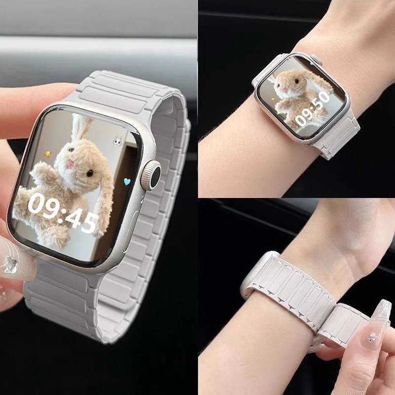 สายซิลิโคนสําหรับ Apple Watch 46 มม.42 มม.49 มม.45 มม.41 มม.44 มม.40 มม.แม่เหล็กสําหรับ IWatch Ultra 2 Series 10 9 8 7 6 SE 5 4 3