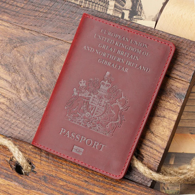 Retro Genuine Leather Passport Holder Cover of Blue British Passport Travel Passport Case Men Front Cover of British Passport