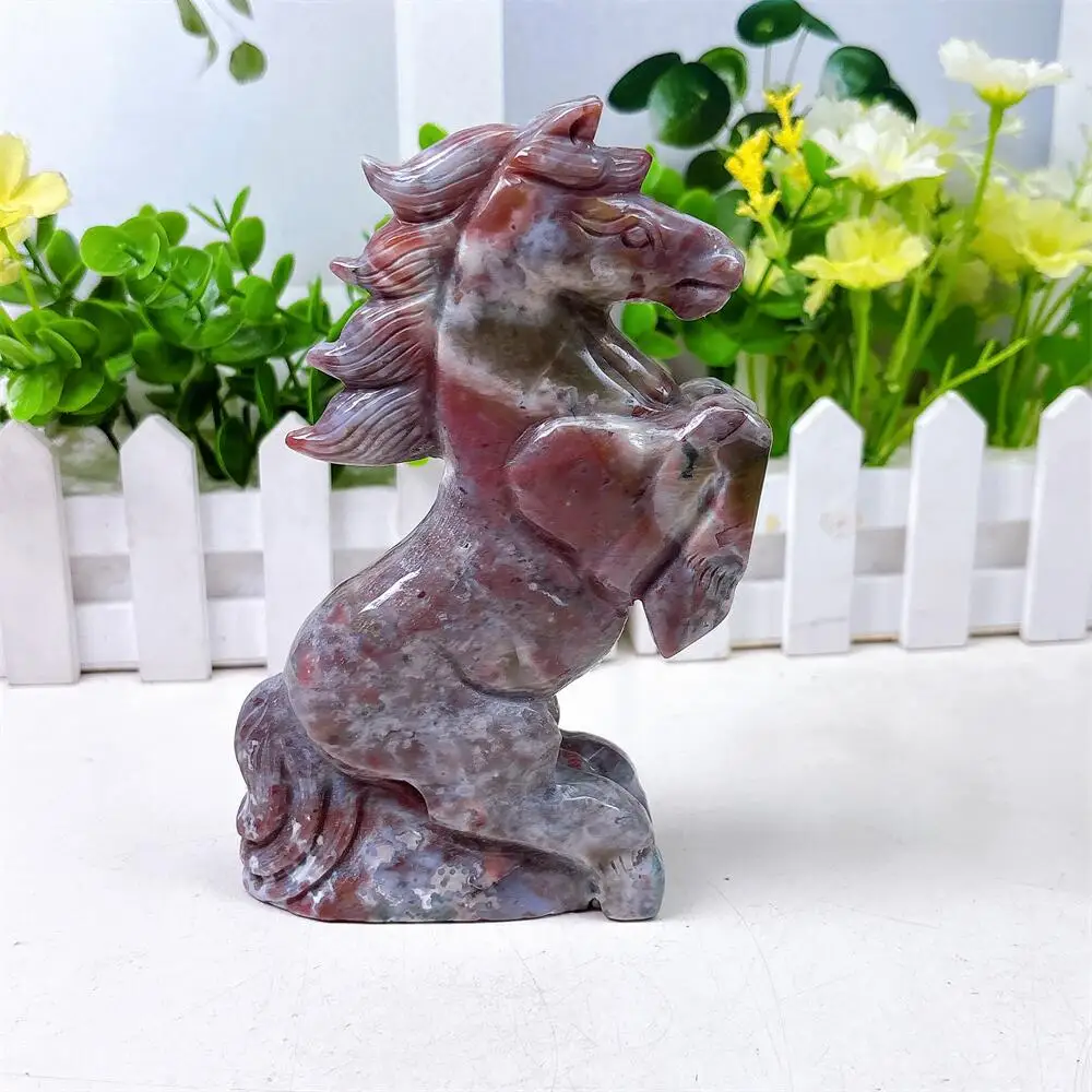 1PCS Natural 15cm Ocean Jasper Horse Carving Polished Healing Crystal Animal Figurine Home Decor Craft Gift for Stress Relief