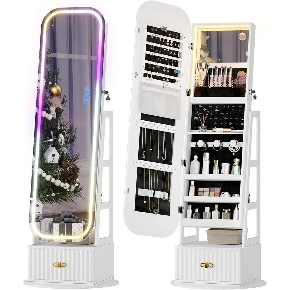 

Swivel Jewelry Cabinet with Lights - RGB Vanity Mirror | Rotatable Full Length Mirror with Jewelry Storage, Standing Jewelry Arm