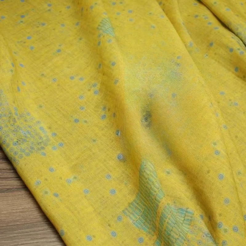 

Желтая ткань из рами с круговым принтом, винтажное пасторальное платье-халат, летняя легкая одежда, текстиль, модная ткань для пошива одежды