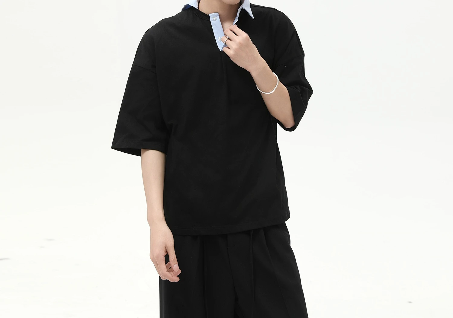 

Men's Asymmetric Collar Contrasting Color Personalized Design Lapel Pure Cotton Casual Short Sleeves