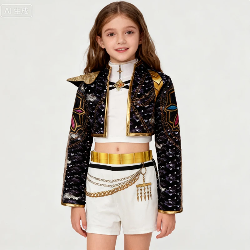 

Kpop Movie Halloween Costume Girl Rumi Coat+Tank Top+Shorts Sets Kids Demon Cosplay Costume Idol Singer Disguise Dress Up