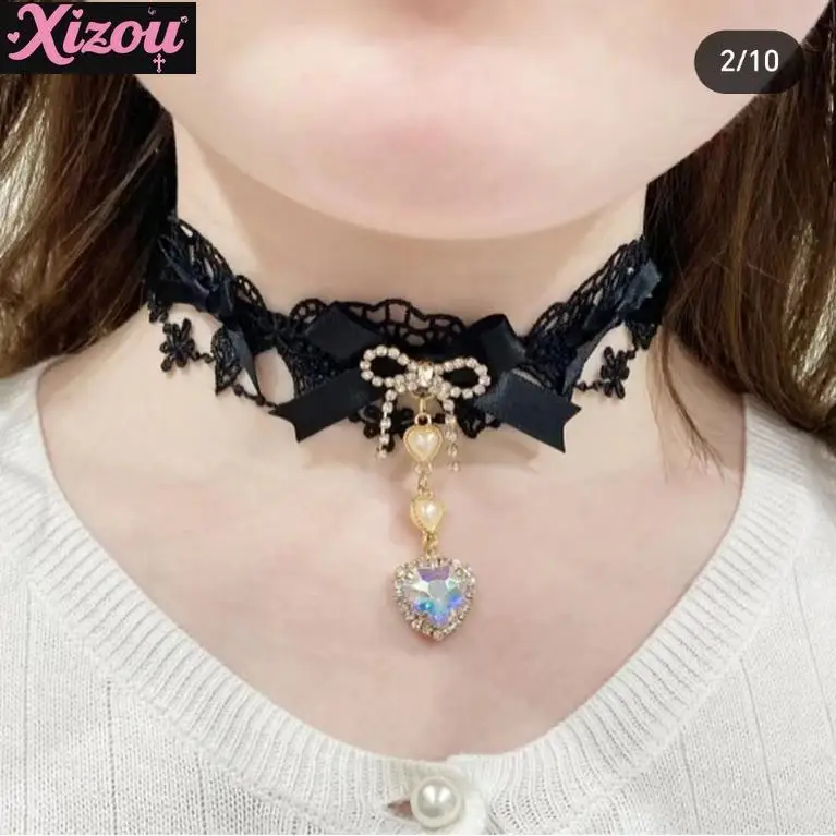 

Japanese Handmade Lolita Sweet and Cool Mass Production Jewelry Lace Edge Cute Bow Love Rhinestone Sticker Neck Collar for Women