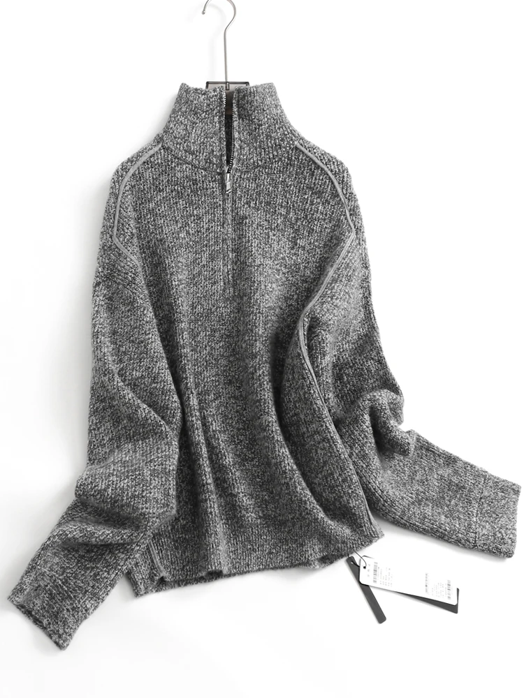 

Soft Wool Blend High Neck Half Zip Long Sleeve Knitted Sweater Women's Fashion Commute Style Mixed Fabric Thickened Autumn Wi...