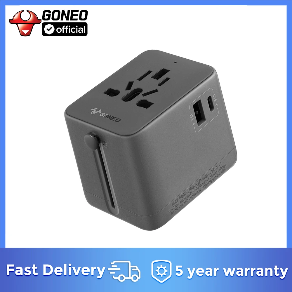 GONEO Safety International Plug Adaptor with 2 AC 1 Type-C 1 USB All-in-one Universal Travel Adapter EU US UK AUS Standard