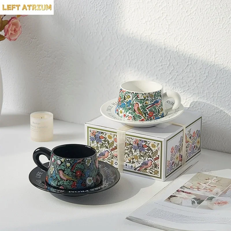 Classic Vintage Floral and Bird Coffee Cup Saucer Morris Style  Fashion Ceramic Afternoon Tea Cup Gift Box Set Gift Souvenir