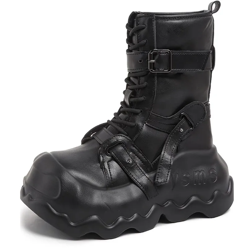 

8 см, популярные модные женские мотоциклетные ботинки на массивной платформе, белые туфли на толстой подошве со шнуровкой, женские осенне-зимние ботильоны Botas De Mujer