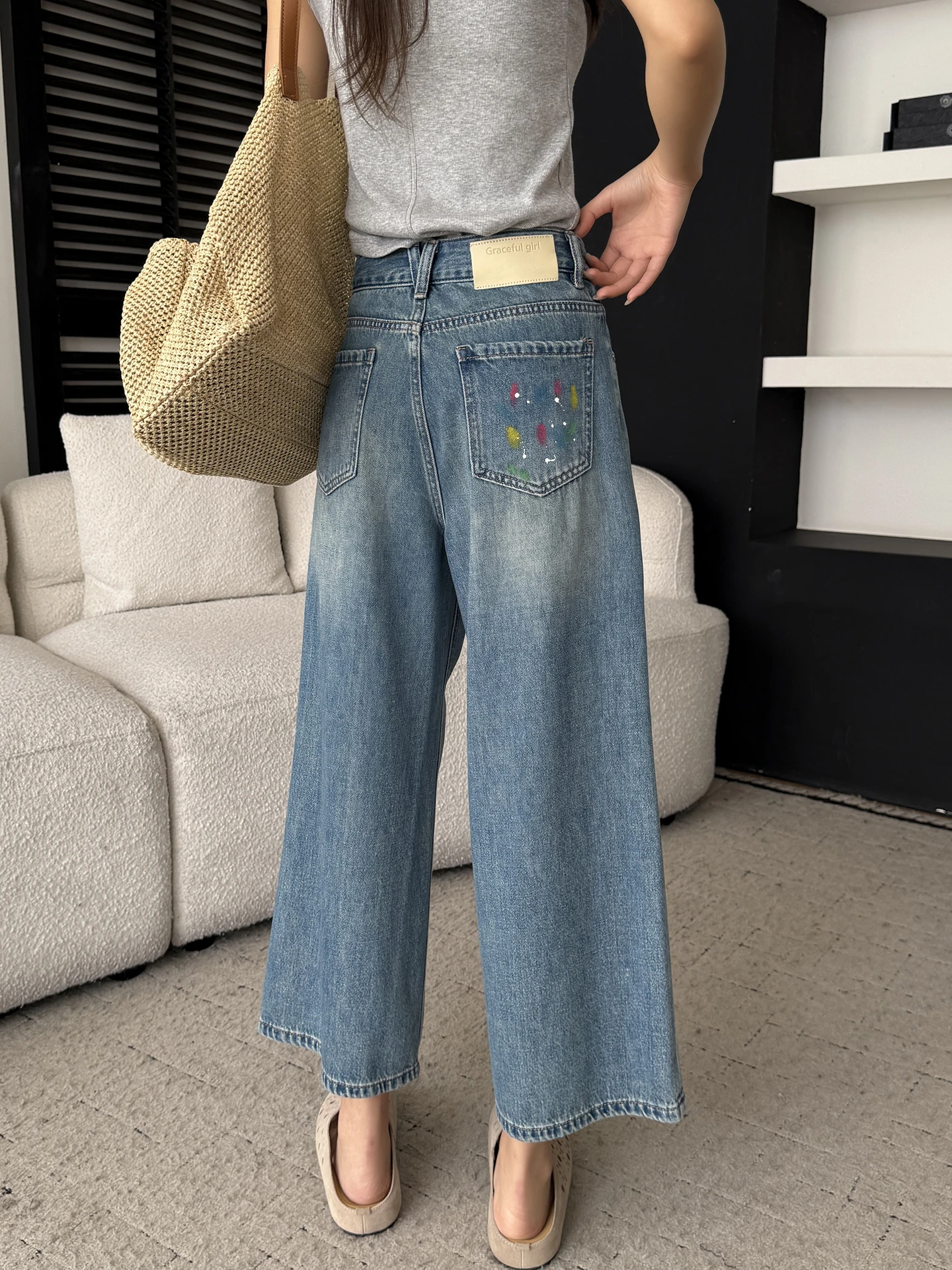 

Versatile Wide Leg Jeans Women's Spring Summer Loose Fit Straight Cut Retro Style Breathable Comfortable Cotton Denim Pants