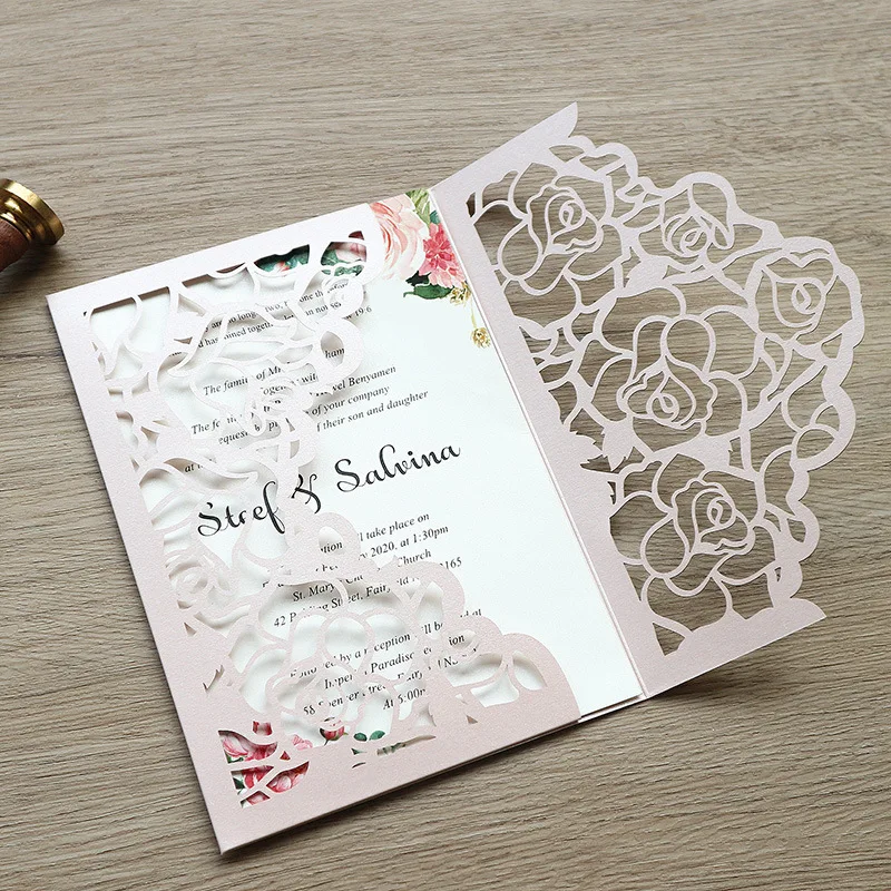 100 Pieces Laser Cut Rose Light Pink Pocket Wedding Invitations Customized Print Business XV Birthday Greeting Card IC150