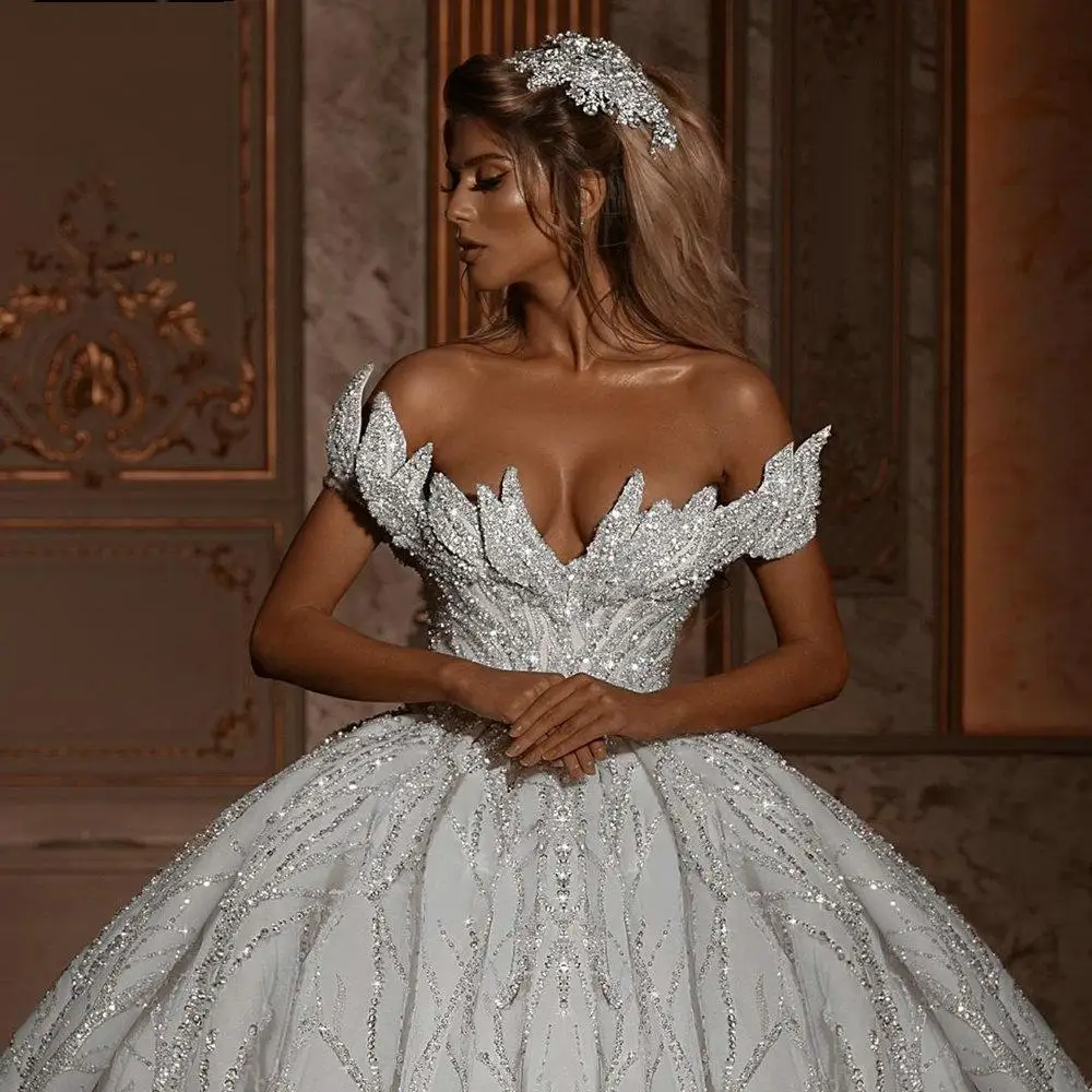 

Glitter Off Shoulder Ball Gown Wedding Dresses Luxury Sparkly Backless Bridal Gowns with Long Train vestidos de novia robe