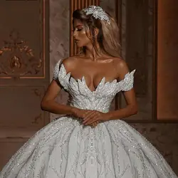 Glitter Off Shoulder Ball Gown Wedding Dresses Luxury Sparkly Backless Bridal Gowns with Long Train vestidos de novia robe