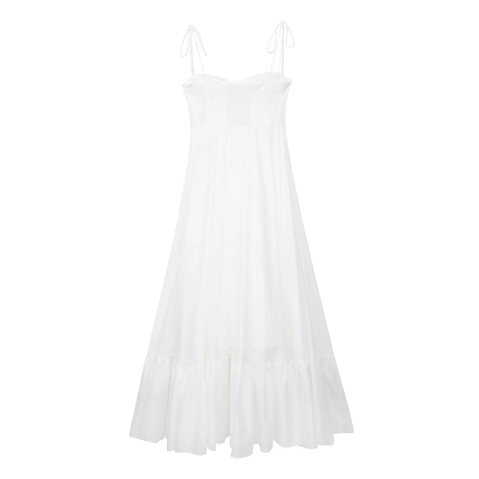 Tangada 2024 Women White Pleated Cotton Dress Sleeveless Zipper Female Ruffles Long Dresses 3H0252