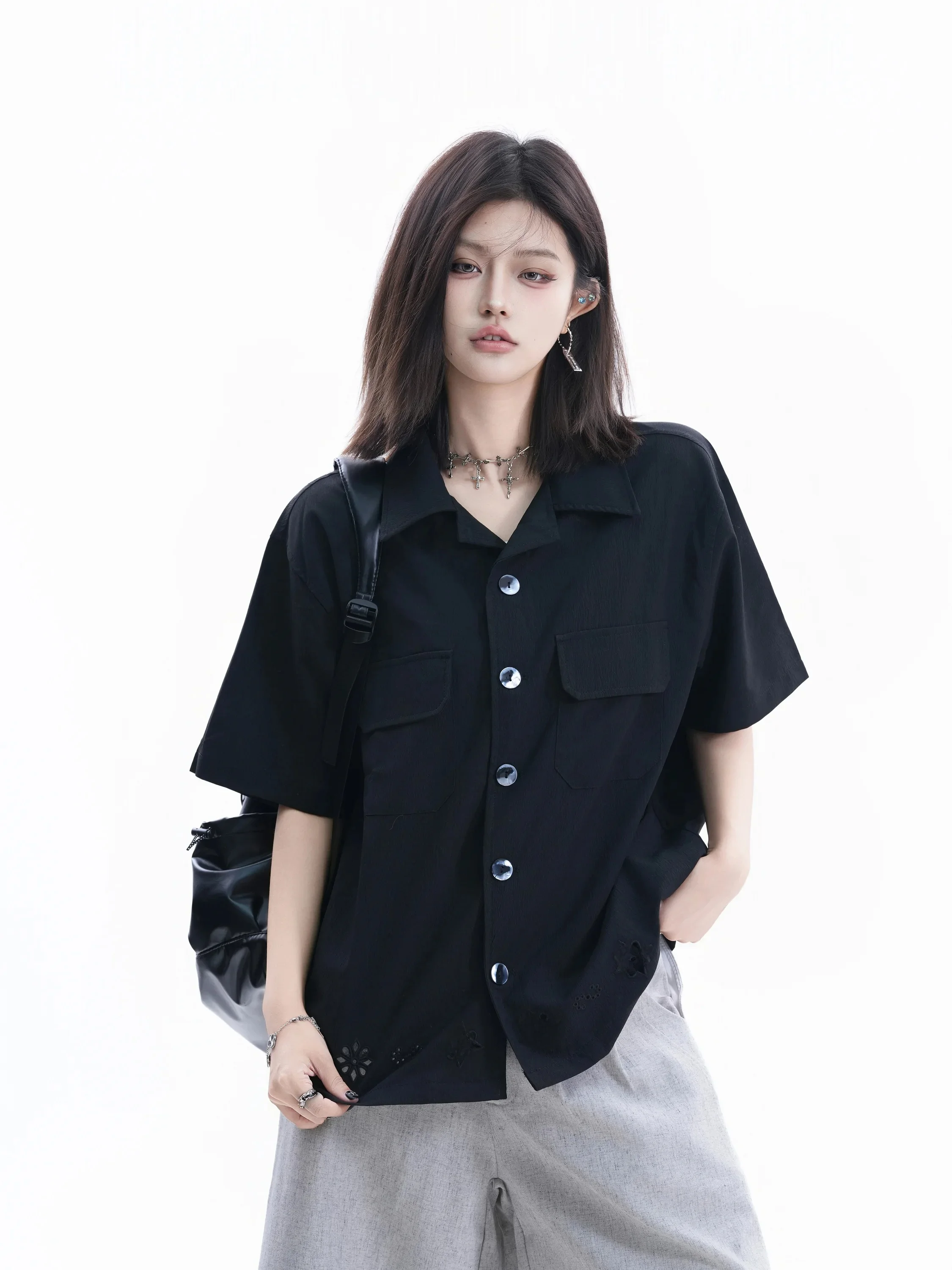 

American Style Loose Fit Short Sleeve T-Shirt Women's Spicy Sweet Hot Girl Hollow out Couple's Shirt Summer Trendy Top