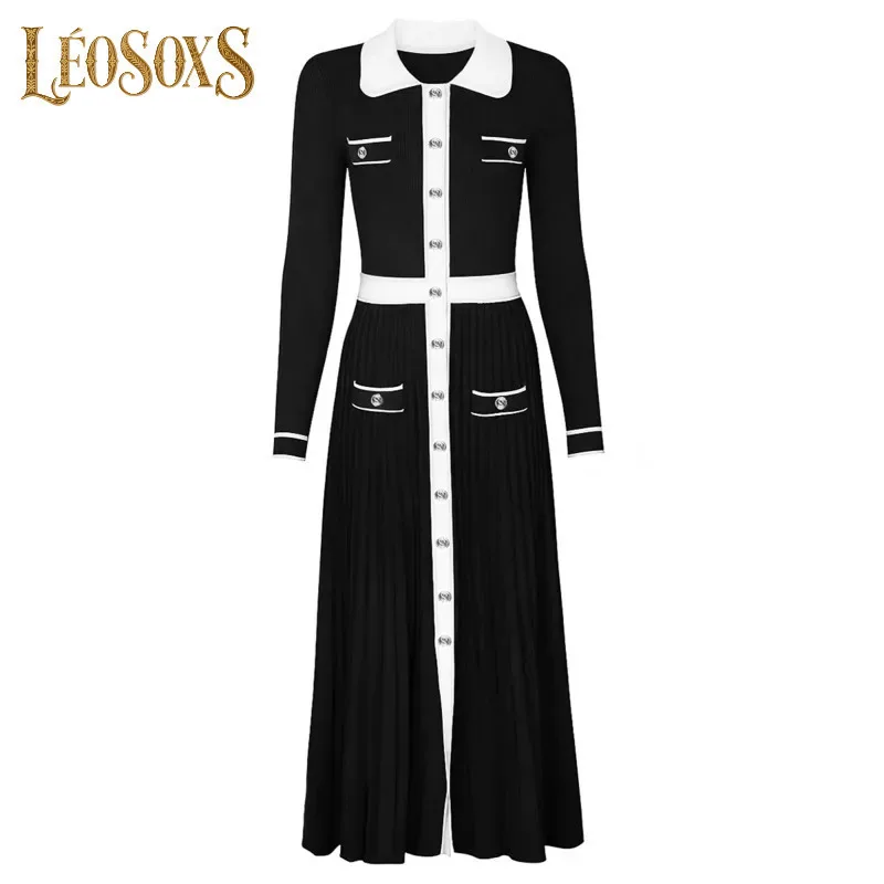 LEOSOXS Women's Elegant Knit Dress Contrast Collar With Button Details & Pleated Hem For Ultra-Chic Formal Occasions 2025