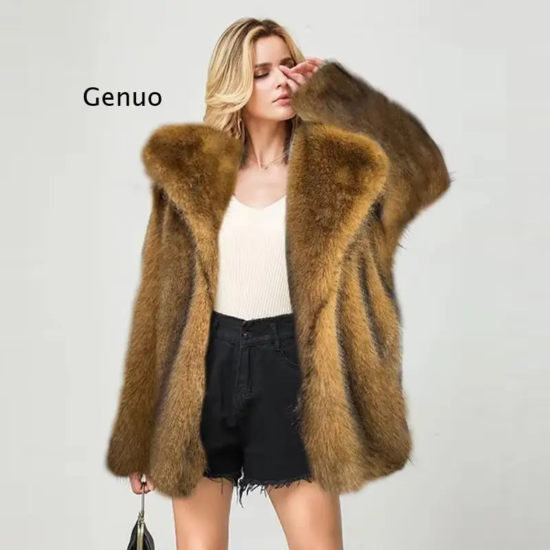 Winter New Women Eco Faux Fox Fur Coat Mid Long Length Warm Fashion Outerwear