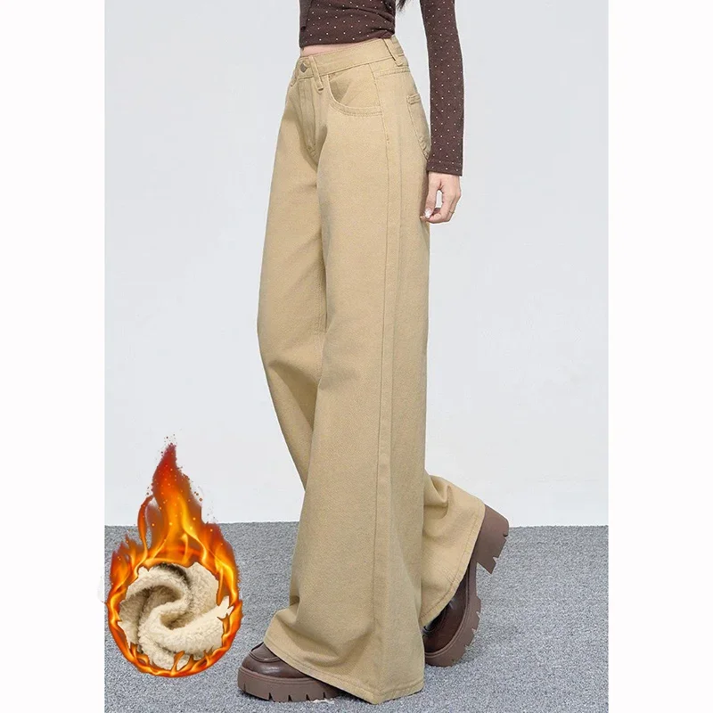 Calças térmicas inverno feminino jeans de pelúcia neve quente senhora clássico cintura alta denim calças femininas sólida fina lã