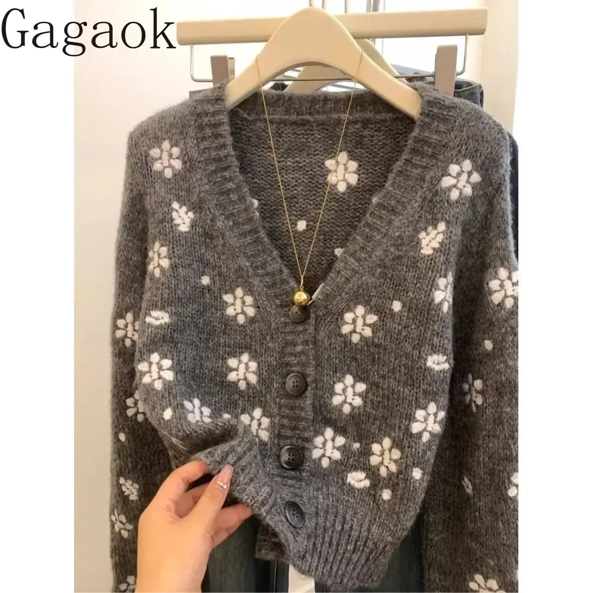 Gagaok Knitted Cardigan Korean Fashion Floral Jacquard Sweater Coat Outwear Casual V Neck Warm Long Sleeve Top Autumn Clothes