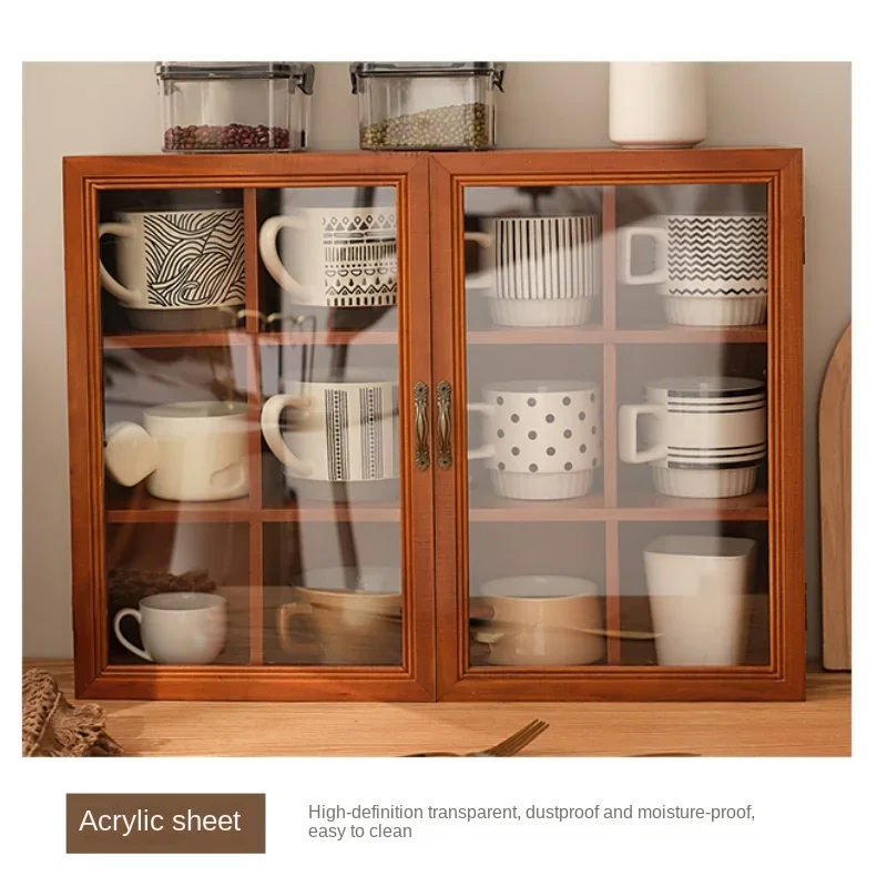 Solid Wood Vintage Tabletop Cup Storage Cabinet Home Restaurant Tea Set Storage Dustproof Mug Display Stand