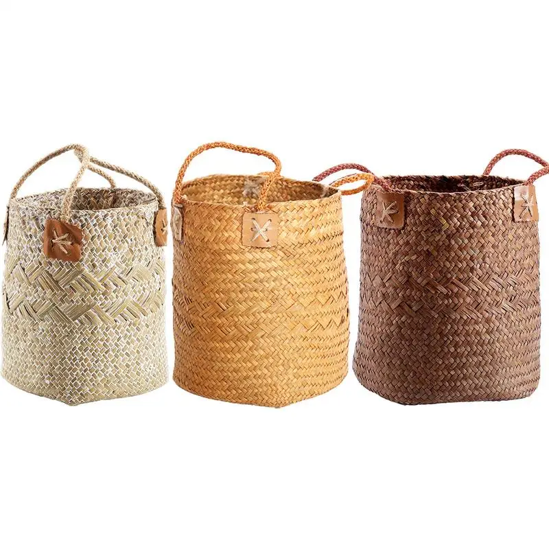 Maceta tejida de paja hecha a mano de estilo nórdico, cesta para macetero, almacenamiento de ropa sucia para lavandería, soportes de flores para plantas verdes de jardín en maceta
