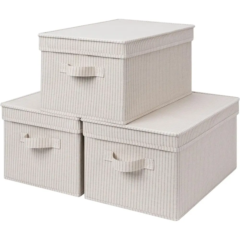 

Decorative Storage Boxes with Handles, Khaki Stripe, Large, 3-Pack